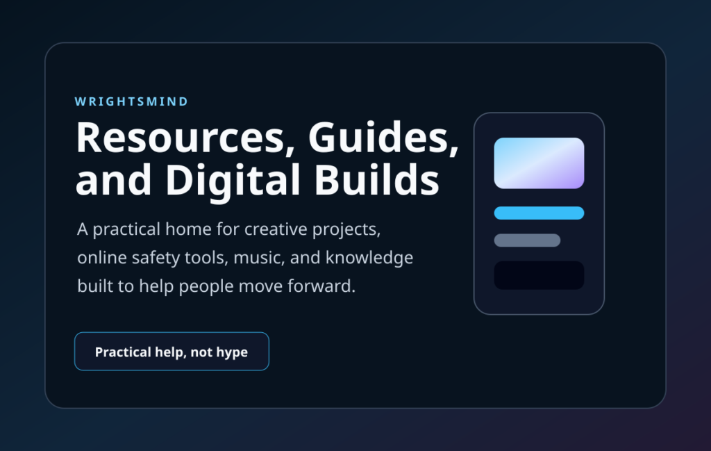 Original visual reference card for WrightsMind resources guides creative projects and digital builds