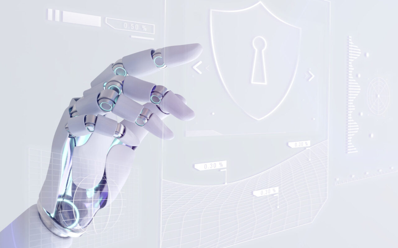 Robotic hand and shield representing AI security awareness