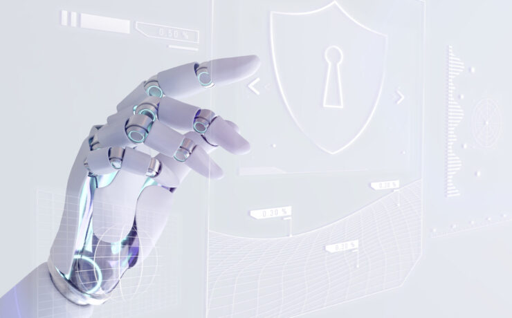 Robotic hand and shield representing AI security awareness